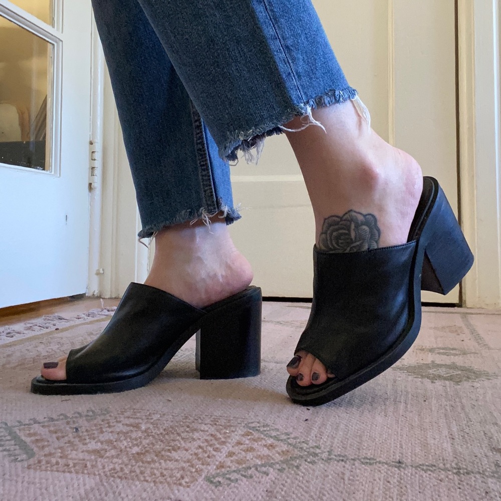 Black leather mules